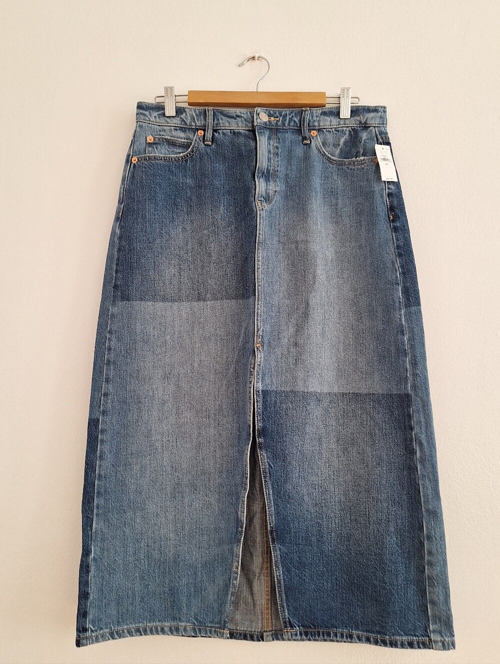 NWT GAP Blue Patchwork Midi Denim Skirt